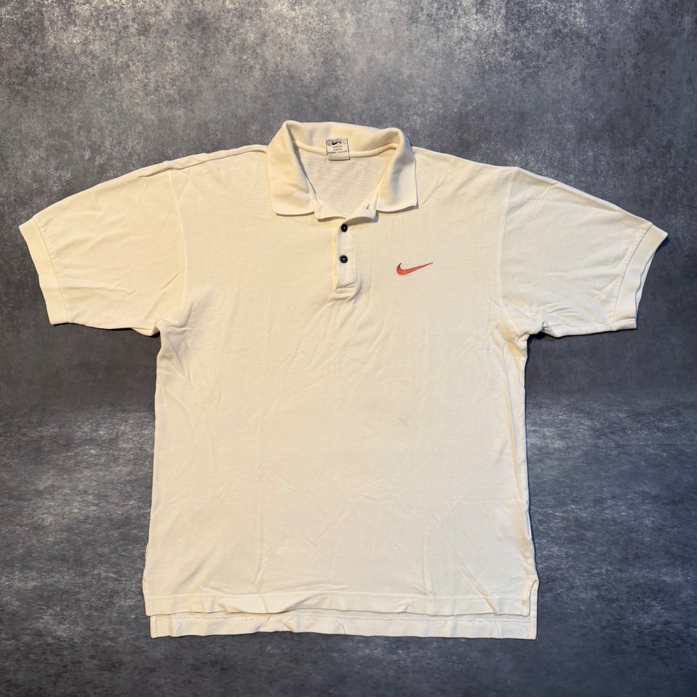 Vintage 90s Nike Polo Shirt Mens Medium Cream Ivory Pique Cotton Red Mini Swoosh